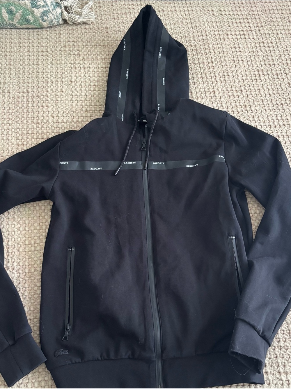 Lacoste Black Full-Zip Hooded Track Jacket with Logo Tape